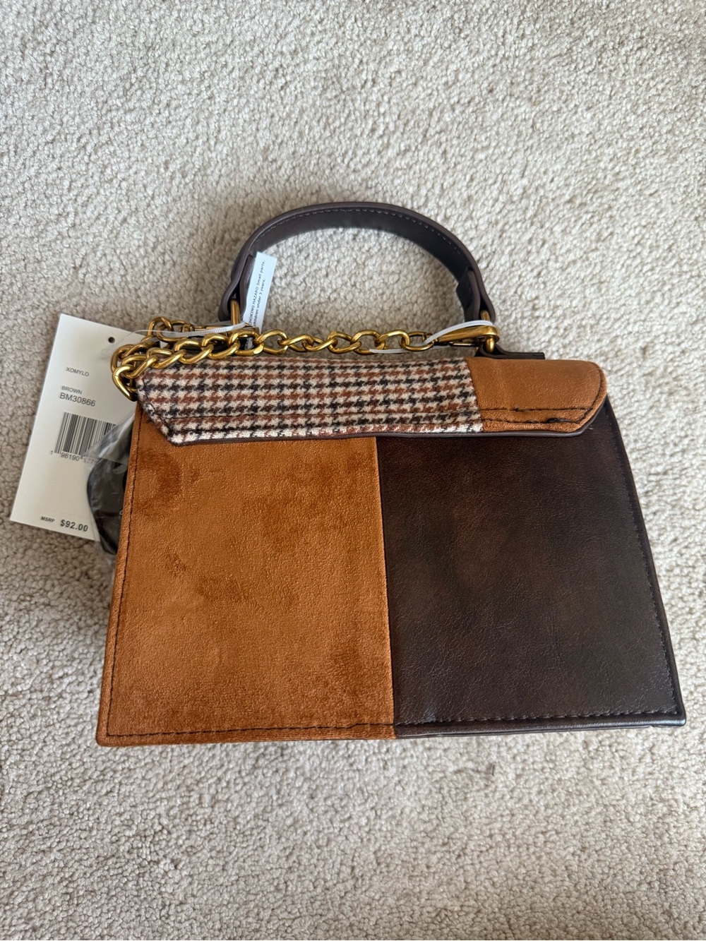 6 HOUR SALE - Betsey Johnson Brown Patchwork Top-Handle Bag with Dachshund Charm - Picture 2 of 2